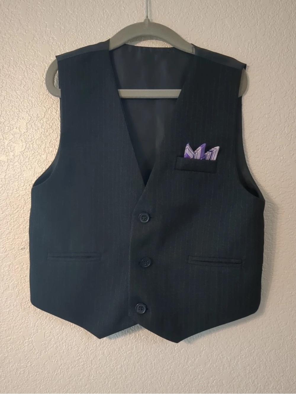 boys Black Pinstripe Vest Purple Pocket Square sz6 wedding formal ring bearer